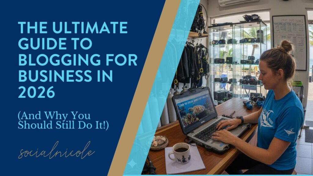 Scuba dive shop owner using a laptop symbolizing the future of blogging for business in 2026.