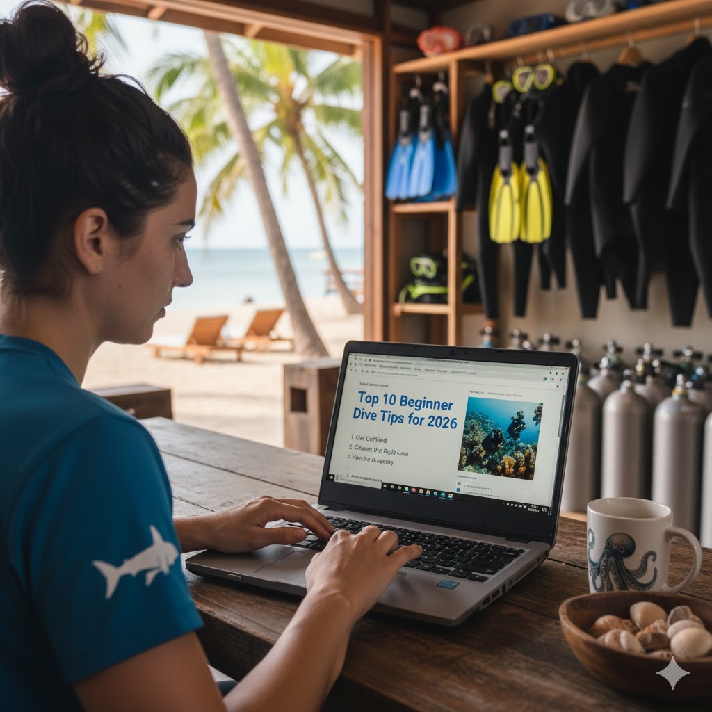 Diving instructor writing dive blog, representing modern marketing strategies for blogging in 2026.