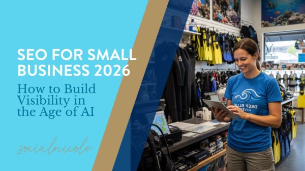 Small business owner reviewing SEO analytics on laptop 2026